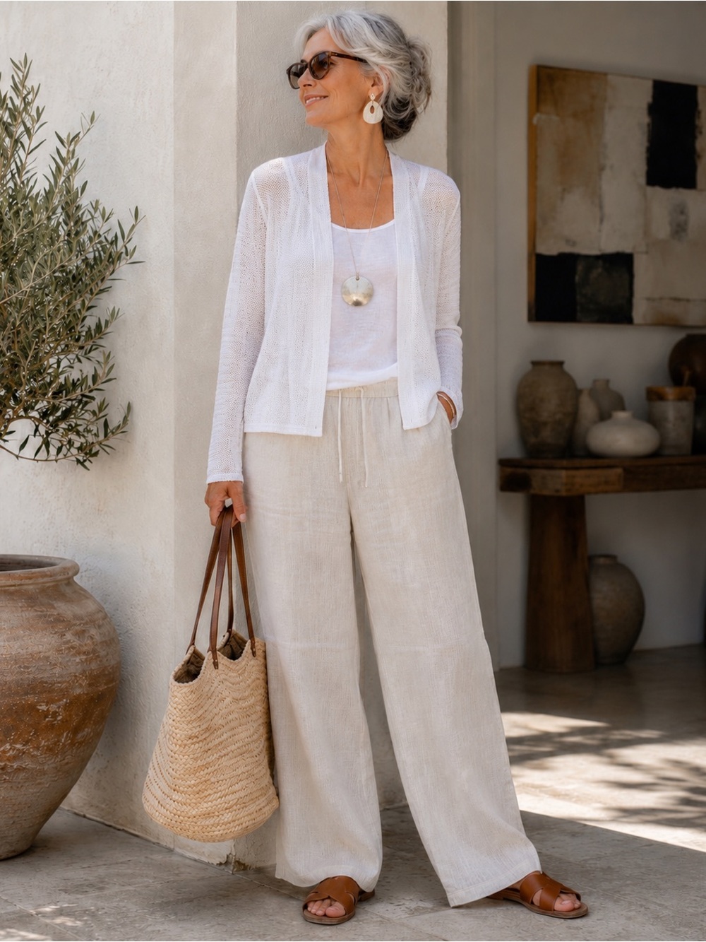 Eileen Fisher White 100% Linen Open Knit Cardigan Sheer Coastal Topper